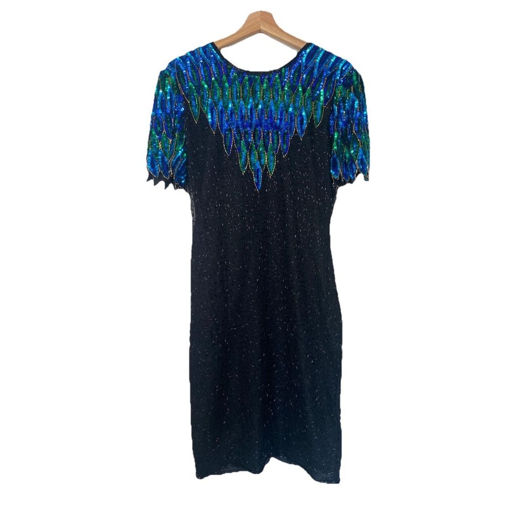 Stenay Silk & Sequin Dress Vintage Womens Size 8 Black Green Blue Peacock Formal